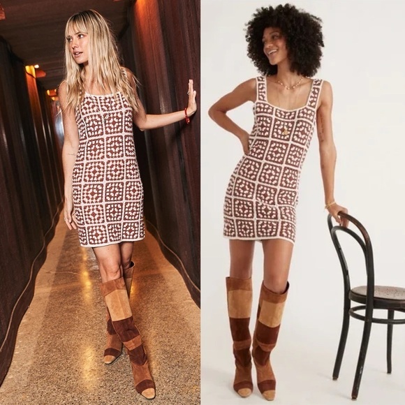 MARINE LAYER CELESTE HANDMADE CROCHET GRANNY SQUARE RETRO 70S UNLINED MINI DRESS - Picture 1 of 15